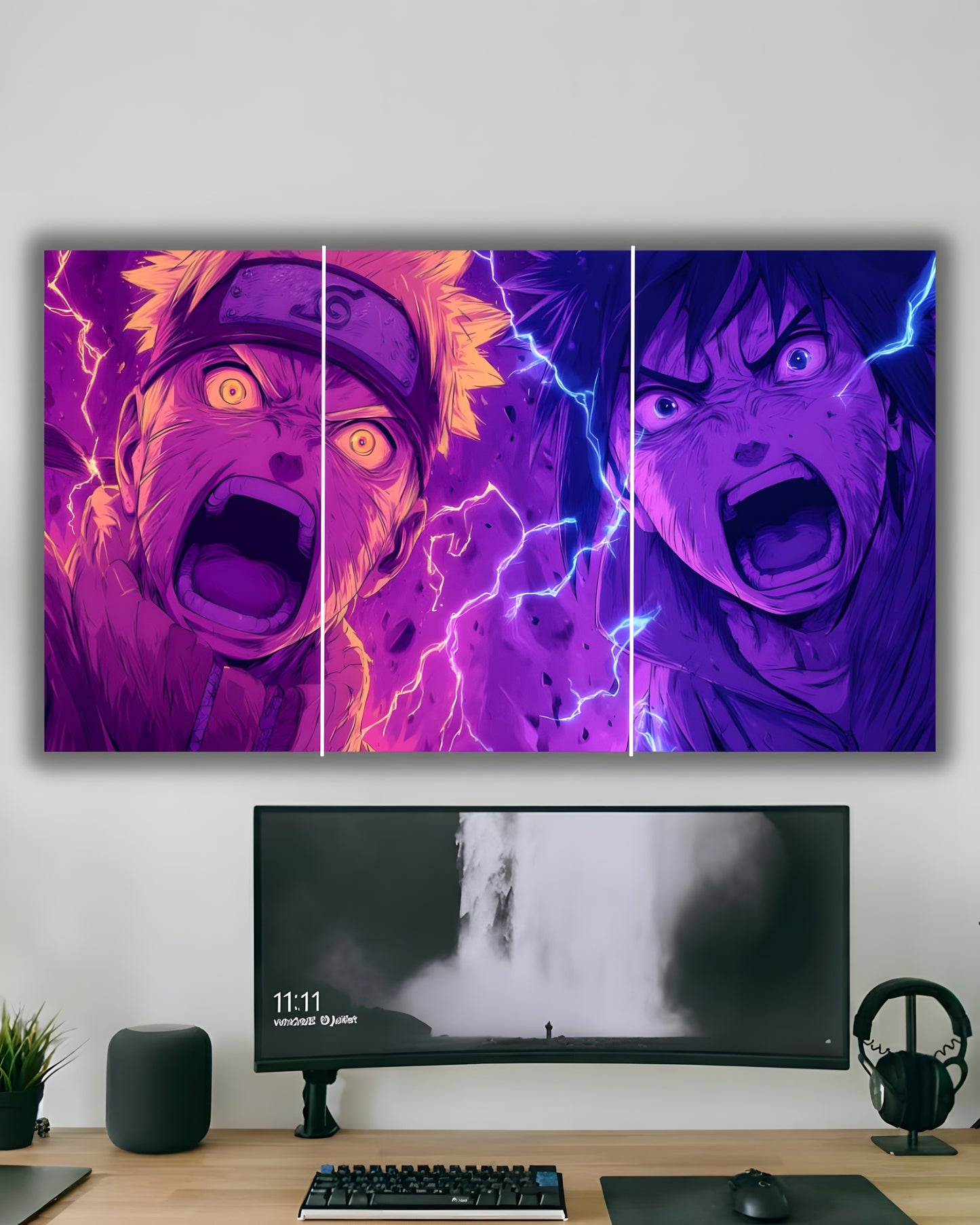 "Lightning Rivalry: Naruto & Sasuke Anime Split Triptych"