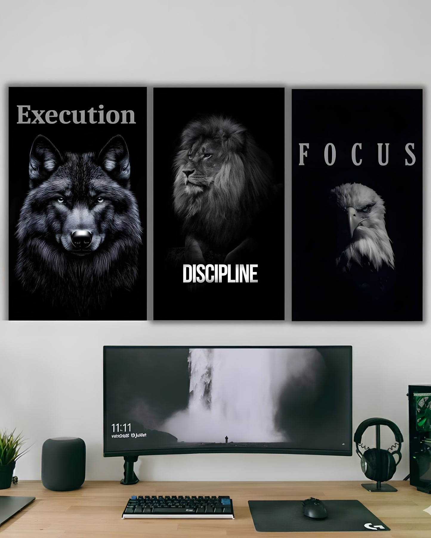 "Power Trio: Execution, Discipline, Focus – Motivational Animal Wall Art Set