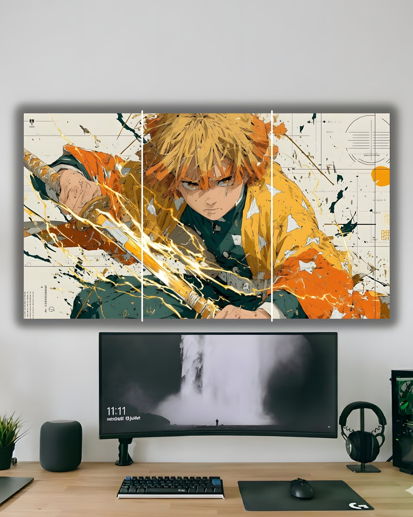 "Thunder Blade Samurai: Dynamic Anime Triptych Zenitsu Wall Art"