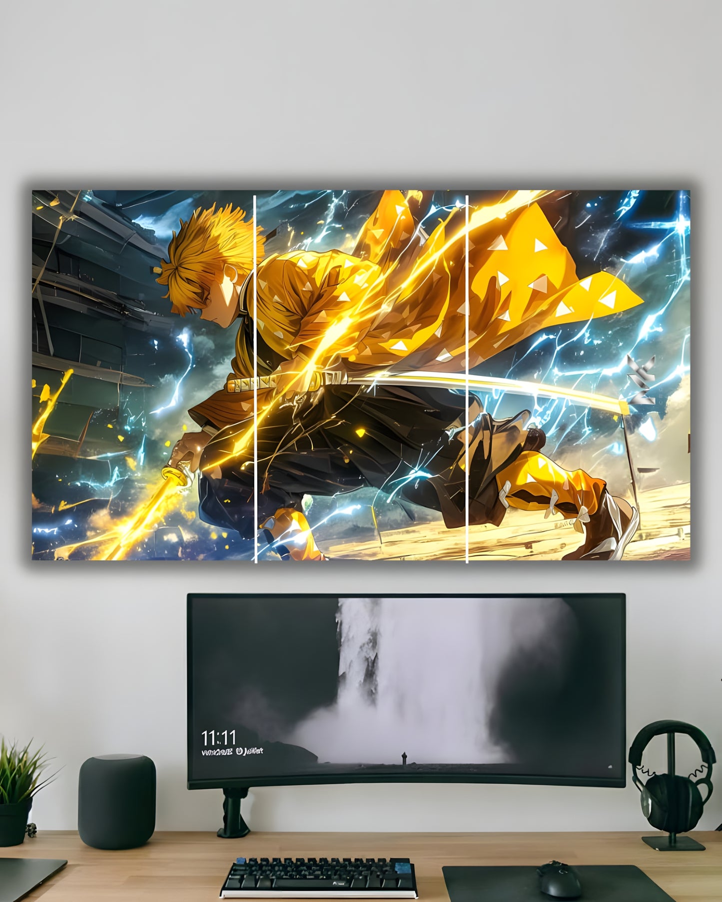 "Thunder Flash Swordsman: Anime Lightning Triptych Wall Art"