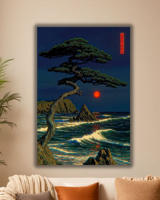 "Moonlit Pine – Japanese Seaside Art Print"