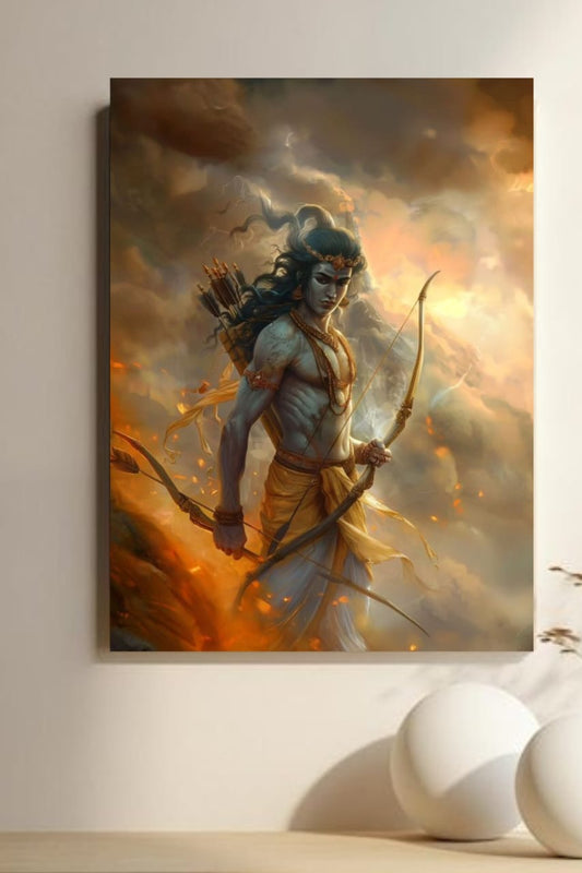 Lord Rama ||  Divine Warrior Canvas – Ethereal Sky Scene Devoties poster "