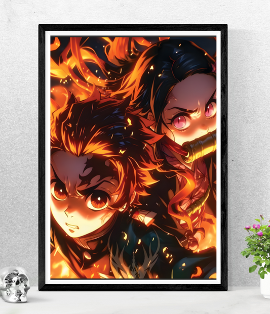 Tanjiro and Nezuko Blazing Spirit || Fiery Anime Samurai Wall Poster